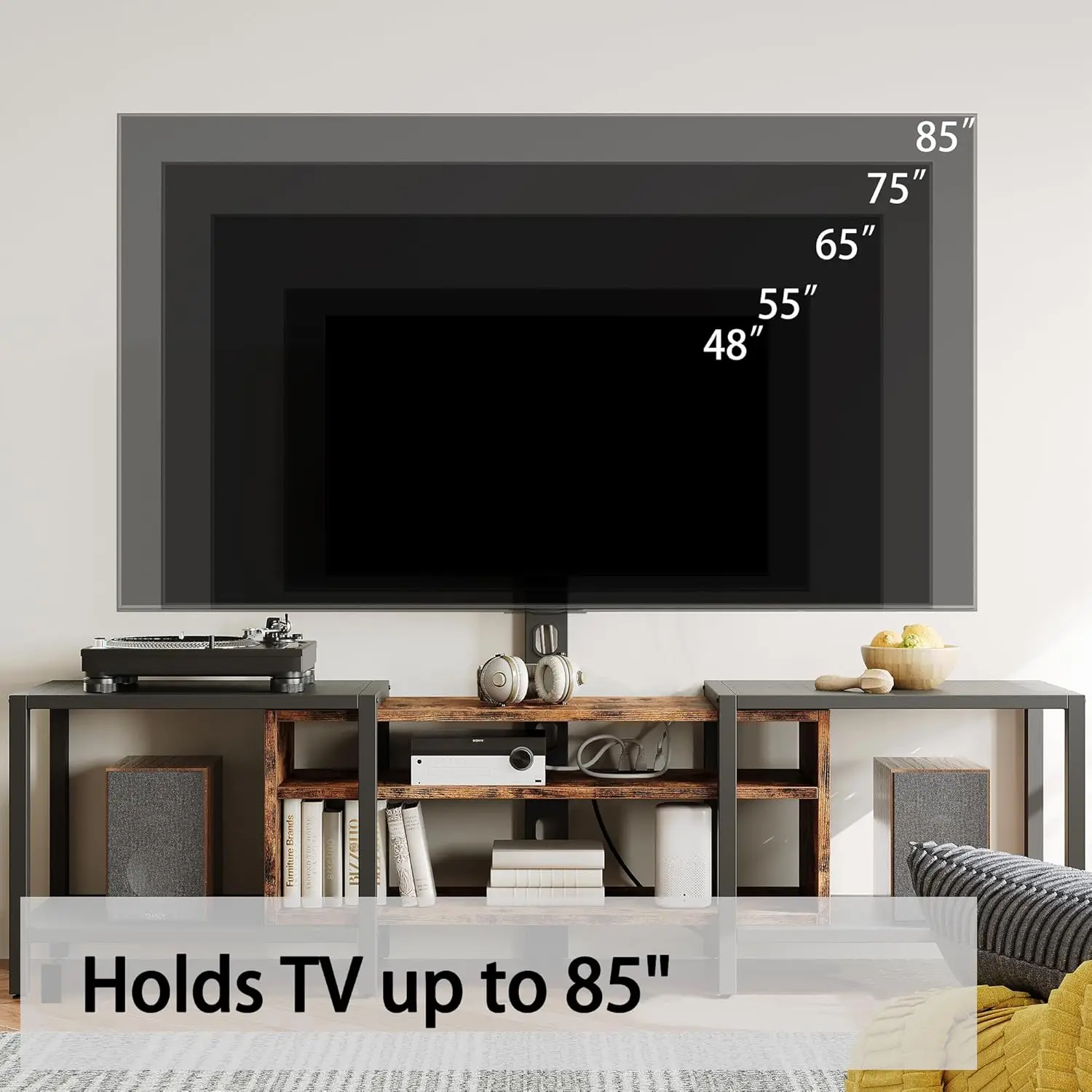 IRONCK Suporte de TV de 79 polegadas para TVs de até 85 polegadas com montagem e tomada de energia, console de TV de 3 camadas com prateleiras de armazenamento, entretenimento