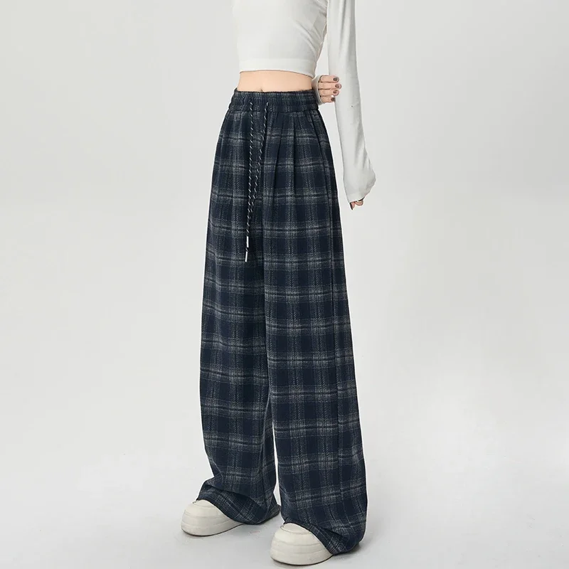 Woolen Plaid Straight Pants for Women Harajuku Autumn Winter Retro Casual Trousers Baggy Elastic High Waist Wide Leg Pants Mujer