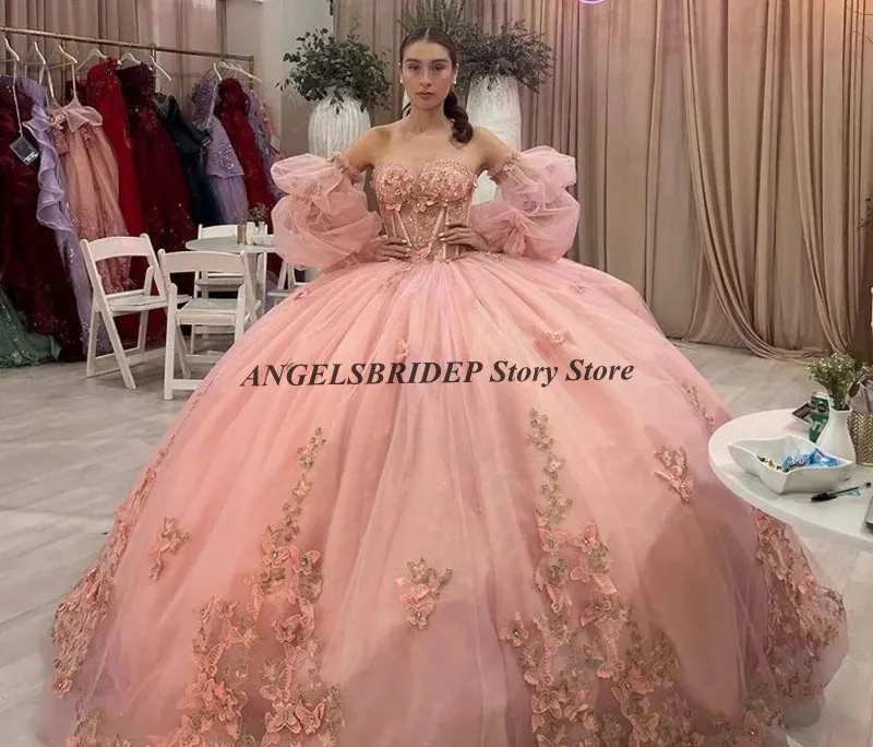 

ANGELSBRIDEP розовые 3D цветы кружевные аппликации платья Quinceanera с пышными рукавами из бисера платье принцессы Sweet 16, вечеринка по случаю дня рождения