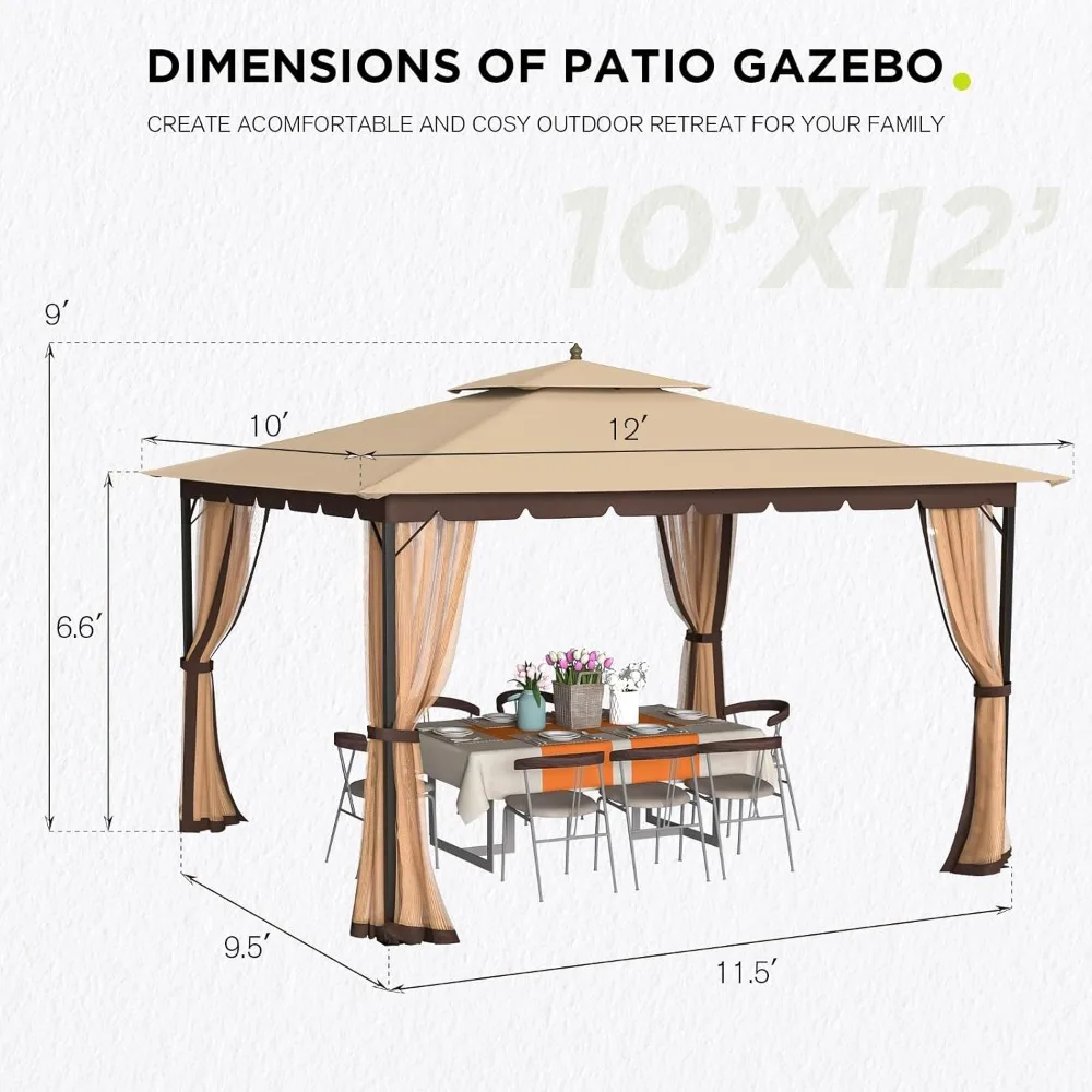 10x12 Gazebo with Mosquito Netting, Sturdy Metal Frame, Dual Air Roof, All-Weather/Wind Resistant, Perfect for Patio, Deck