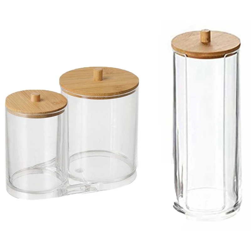 2PCS Bamboo Cover Cotton Swab Storage Box Makeup Remover Cotton Box Transparent Storage Tank Acrylic Dustproof Box