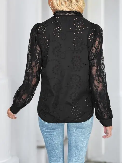 

Autumn Solid Color Round Neck Lace Patchwork Single Breasted Shirt for Women, Elegant and Casual Hollow Out Long Sleeved Shirt