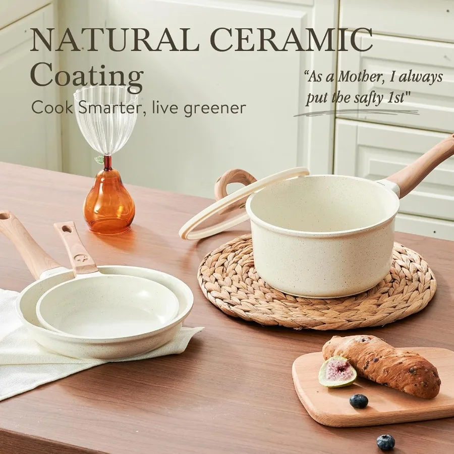 22-teiliges Set aus Töpfen und Pfannen, antihaftbeschichtet, ungiftig, Keramik, Küchenkochgeschirr-Sets, antihaftbeschichtete PotandPan mit Deckel, cremeweißer Granit, Induk