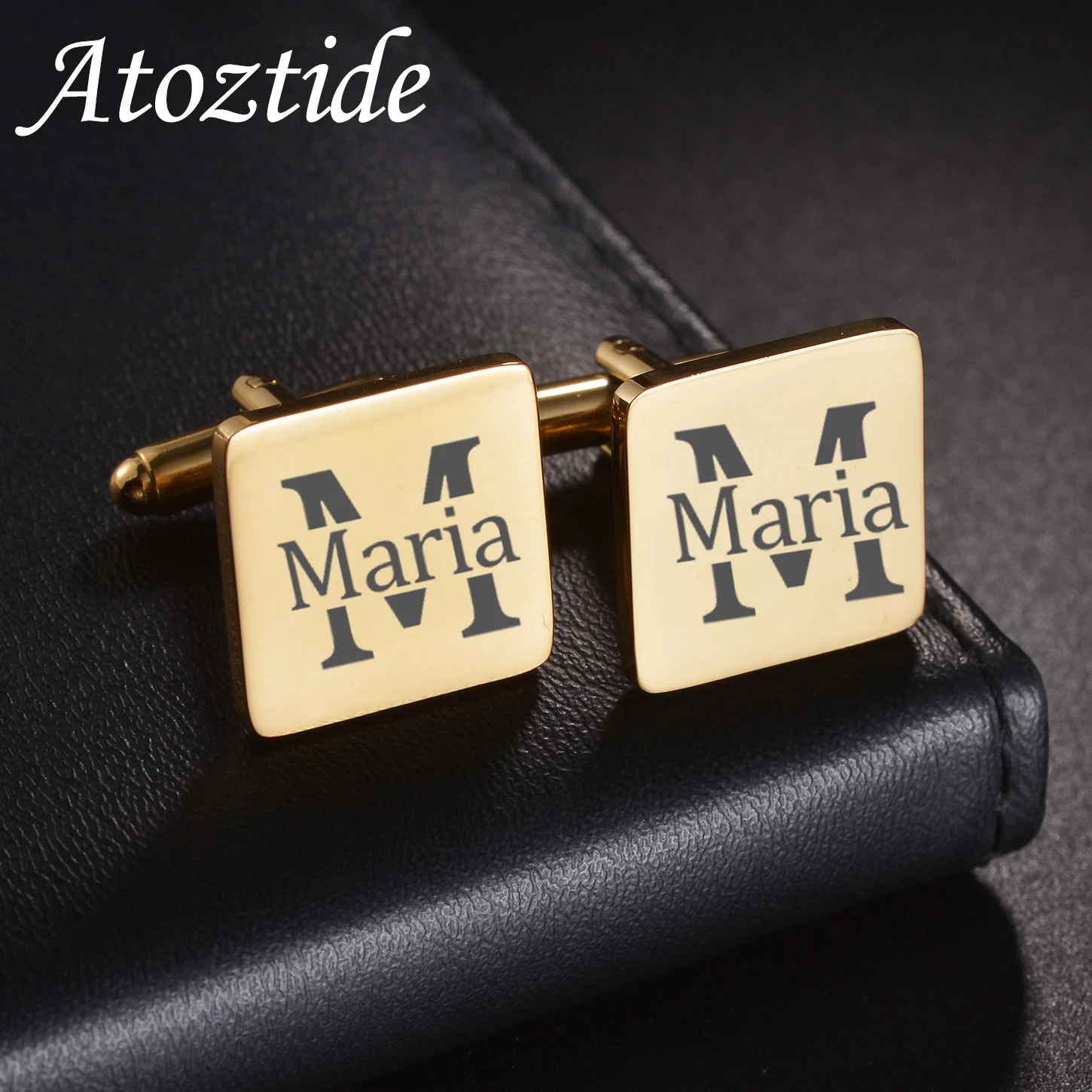 Atoztide Personalized Custom Name Cufflink for Men Shirt Cuff Buttons Round Square Engrave Logo Big Letter Jewelry Wedding Gifts