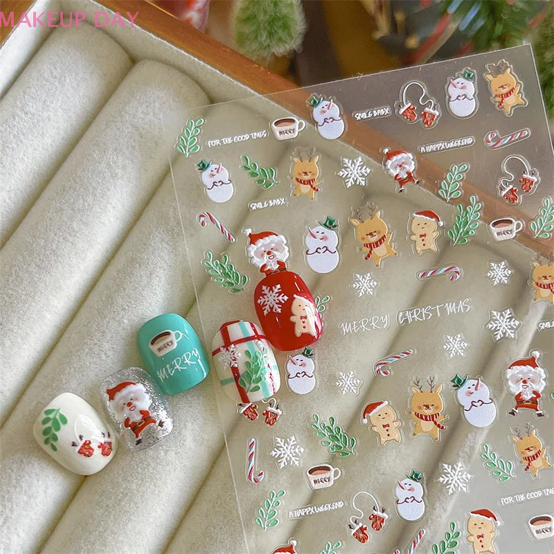 Exquisito relieve tridimensional Santa Claus Elk Nail Art Stickers dibujos animados copo de nieve decoración de uñas calcomanías regalos de navidad