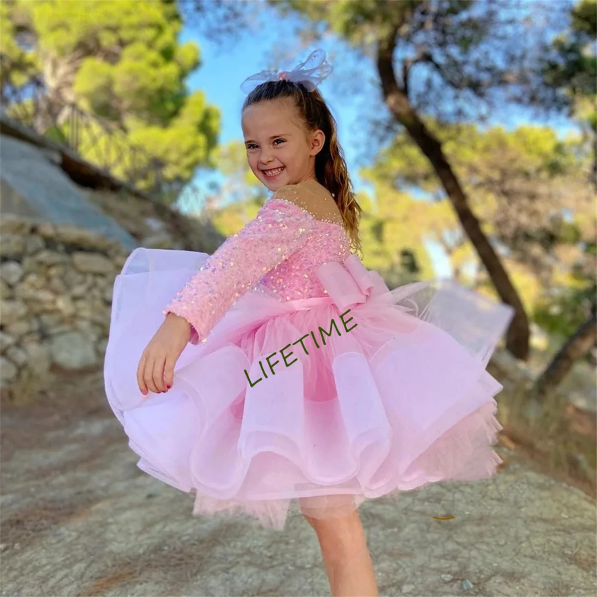 Pink Full Sleeve Flower Girls Dresses for Girls 2023 Summer New Tiered Soft Tulle Christmas Gowns for Baby فلور فتاة اللباس