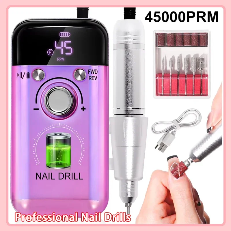 

45000RPM Rechargeable Electric Nail Drill Machine Professional Nail Drills for Gel Nails Polish Portable Nail File Manicure Tool