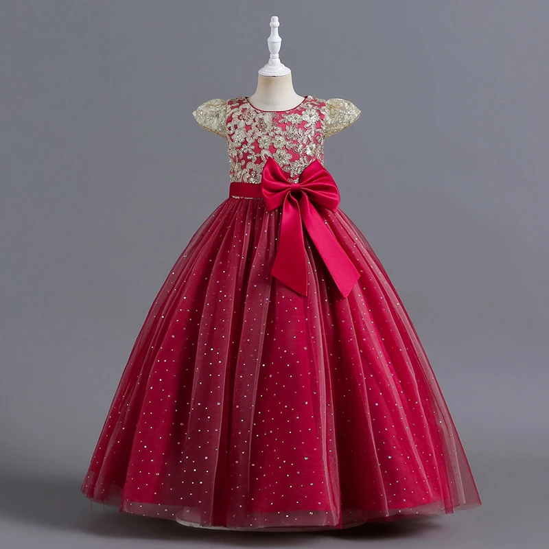 

Вечернее платье для девочек, сетчатое платье принцессы с круглым вырезом и бантом и блестками, длинное платье для девочек, бальное платье на день рождения, банкет, костюм для выступлений