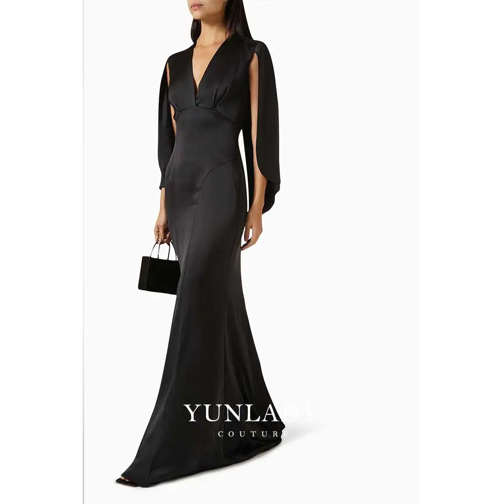 YUNLAN Luxury Dubai Black V Neck Mermaid Smock Sleeve Evening Gown 2024 Women's Haute Custom Formal Party Tail Gown