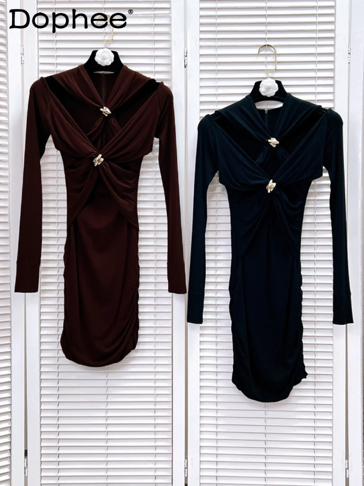 Retro V-neck Long Sleeve Waist Slimming Temperament Dress Women Spring and Autumn New Elastic Slim Short Solid Color Dresses