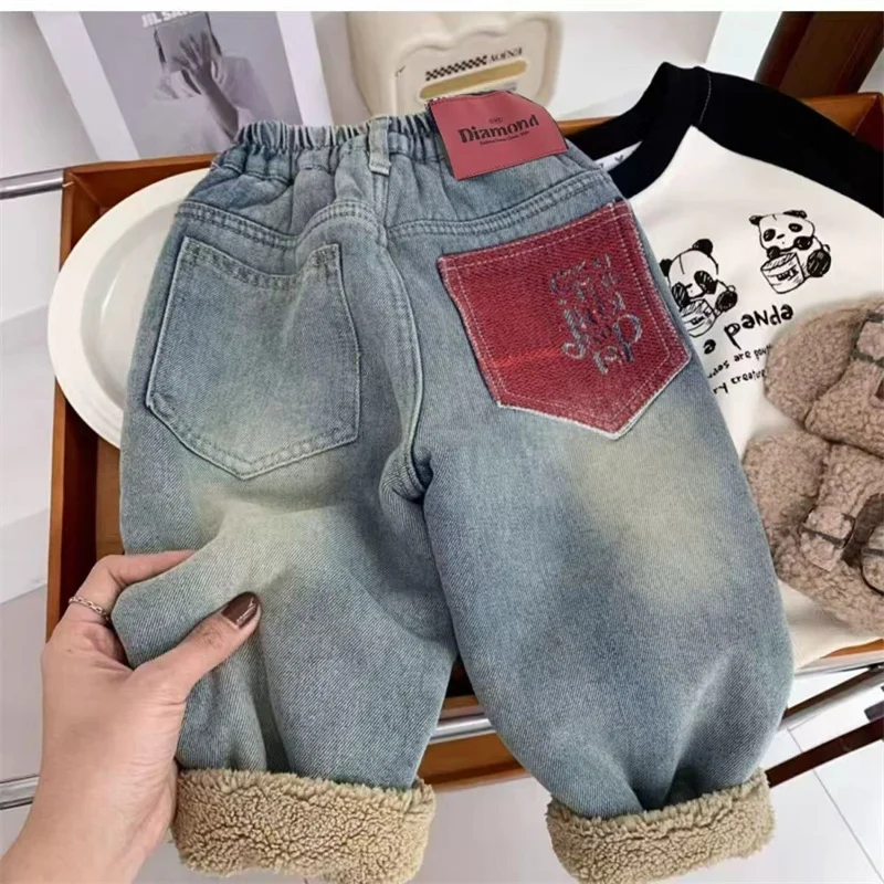 Kids Warm Jeans Children Winter Thick Plush Comfortable Fashion Trousers Boys Versatile Pants Girls Outdoor Thermal Trend Pants