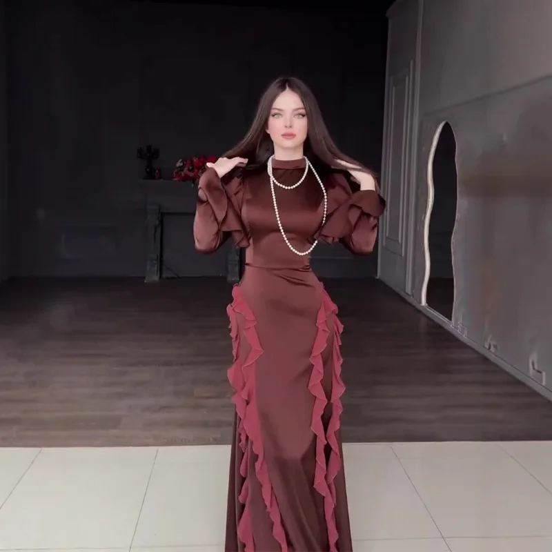 Chiffon Splicing Satin Solid Long Dresses Spring Women Long Sleeve Half High Collar Dress Autumn High Waist Floor Length Dress