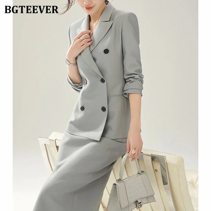 BGTEEVER Autumn Ladied 2 Pieces Skirt Set Long Sleeve Double Breasted Jackets & High Waist Pencil Skirts Women Blazer Set