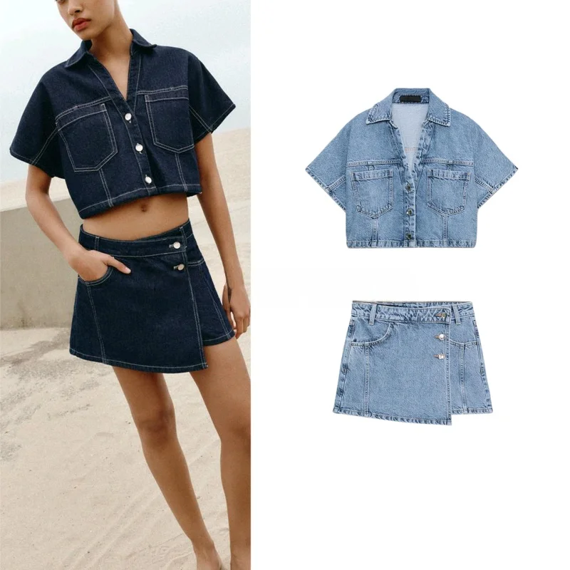 

Spring Summer New Women's Denim Short Shirt with Double Pocket Skirt Pants High Waist Short Sleeve Flip Collar Fashion Set