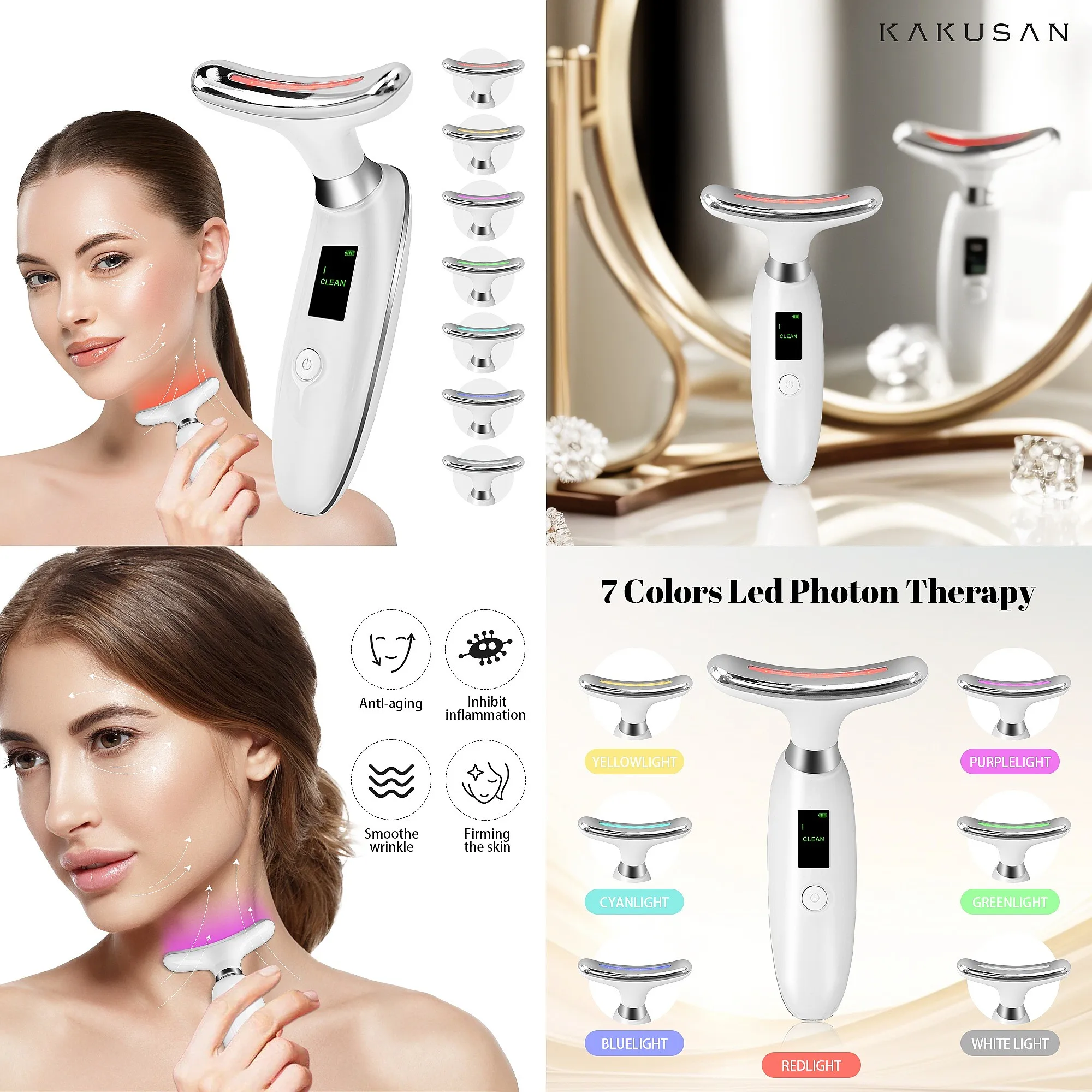7-Color EMS LED Light Therapy Face Lift & Neck Massager ABS Material with Multi-Plug (EU/UK/) for Skin Tightening