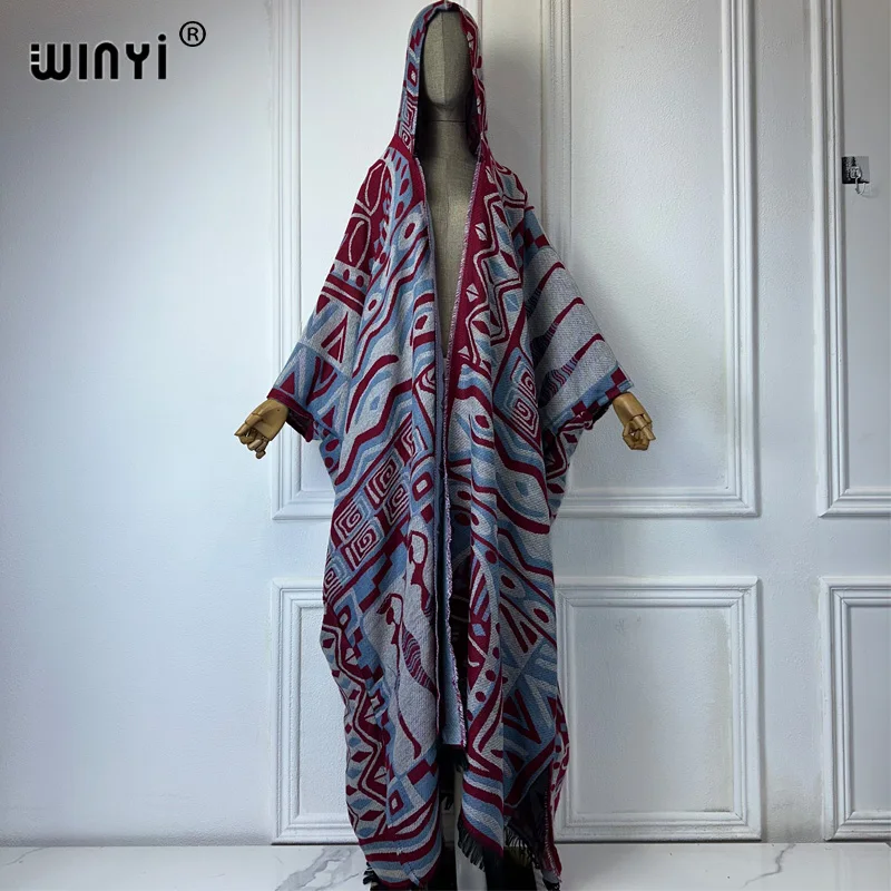 WINYI African Geometric print hooded winter cardigan woman abaya outfit for women coat Open Front Kimonos long down poncho cloak