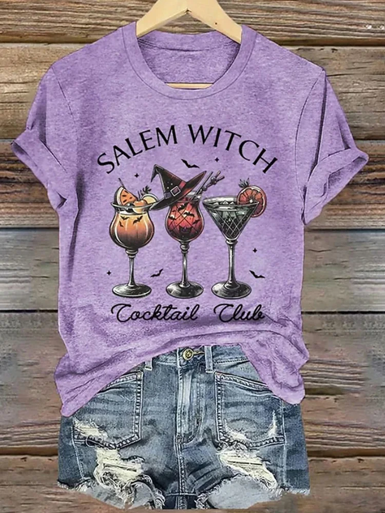 

Женская футболка с короткими рукавами «Жуткий Хэллоуин», дышащая футболка с круглым вырезом и 3D коктейльным узором ведьмы, праздничный костюм