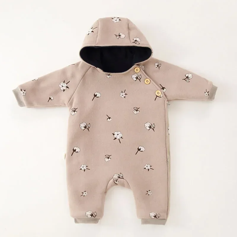 Winter Baby Girl Boys Thicken Warm Clothing Printing Hooded Toddler Baby Girl Thicken Warm Romper Korean Style Climbing Suit