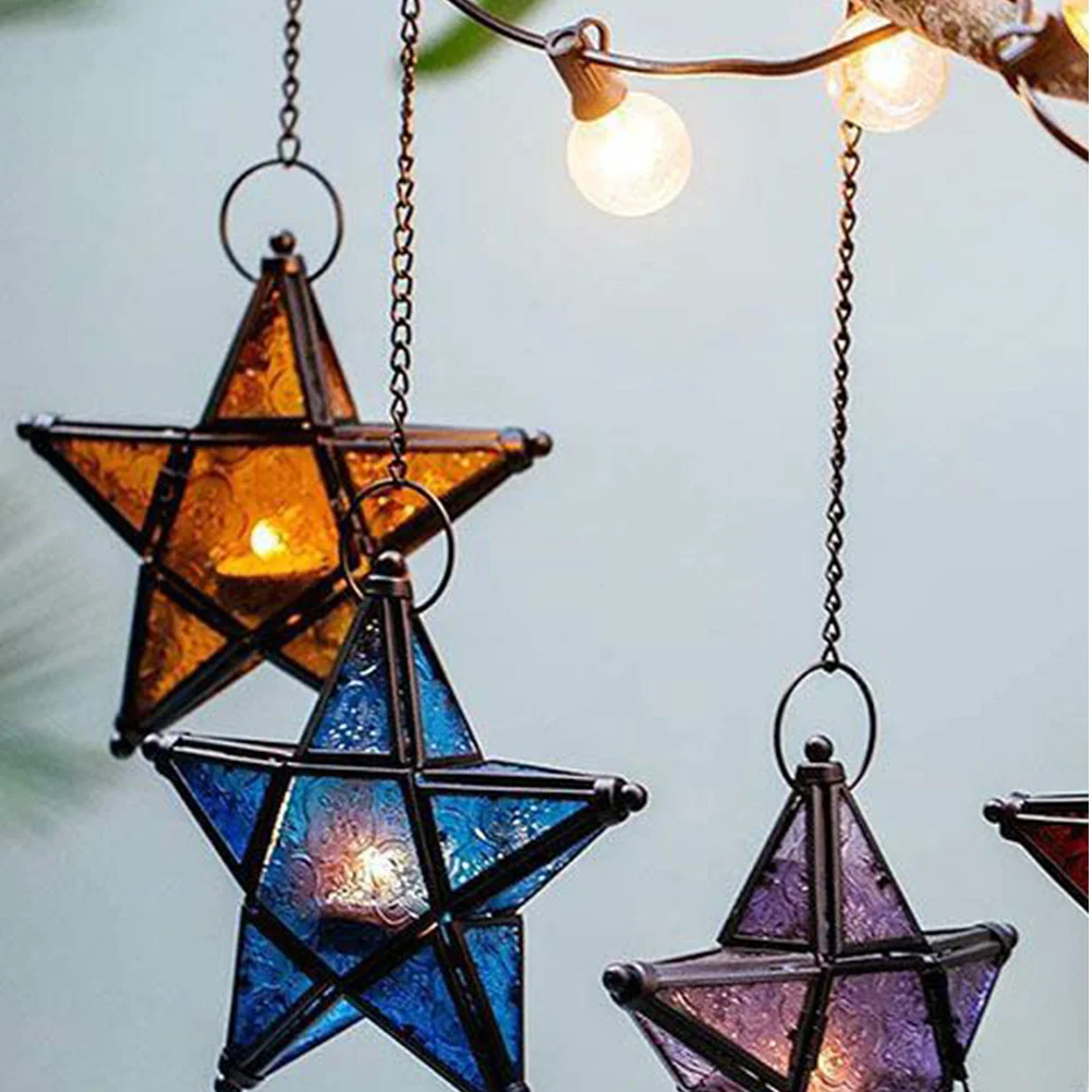 

Colorful Stained Glass Star Holder Metal Hanging Lantern for Indoor Outdoor Decor Creative Gift Table Centerpiece Porch
