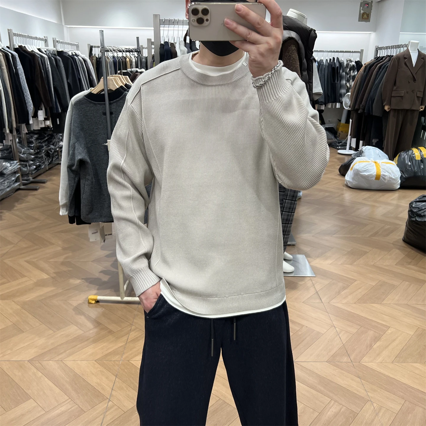 

Thiened round Ne Knitted Sweater Men's Winter American Retro Loose Fit Warmth Fake Two-Piece Patchwork Top