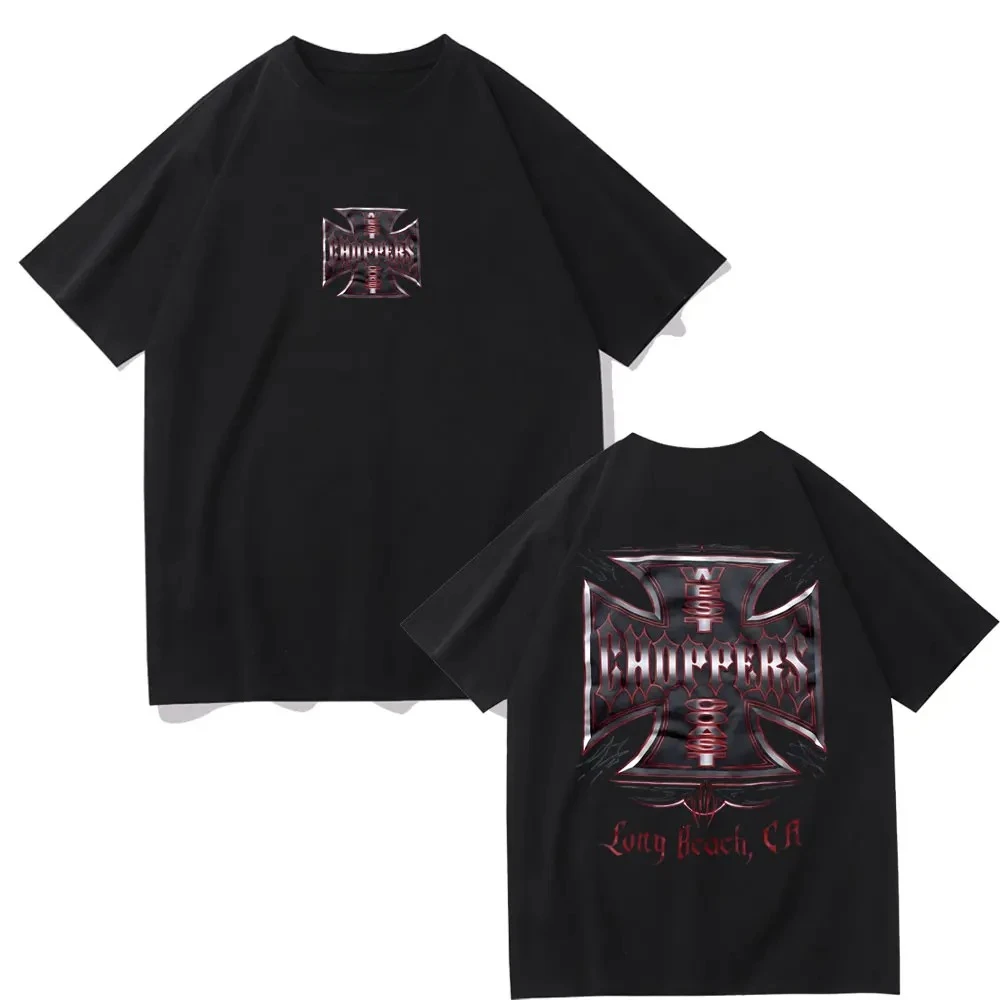 Hip Hop Streetwear Oversized T-shirts Fashion Tees Men's Short Sleeve West Coast Choppers Cross Frame Print Tshirt Summer Male