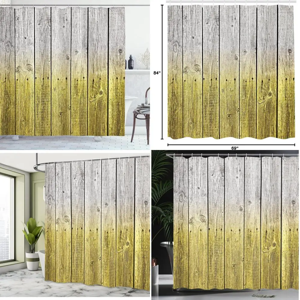 

Занавеска для душа в стиле кантри с дизайном деревянной панели и цифровыми тонами для уютного декора ванной комнаты.