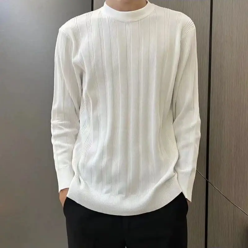 2023 Spring and Autumn Fashion Casual Loose Fashion Stripe Half High Neck Knitted Men's Slim Fit Underlay Solid Color Sweater