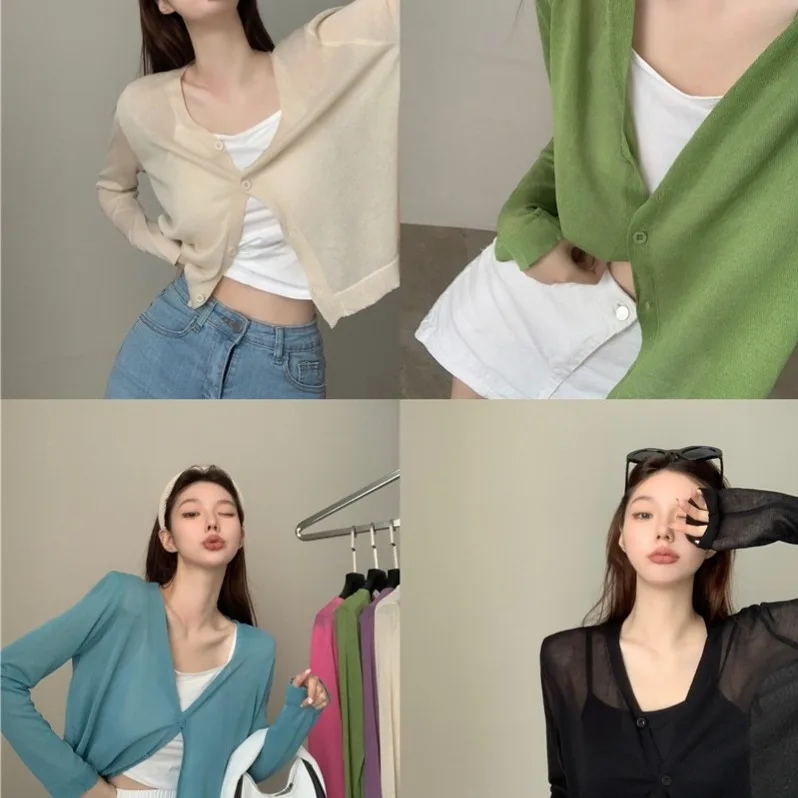 

Весна 2026: Мягкий вязаный кардиган конфетных цветов для женщин, модный топ с защитой от солнца, свободный крой, французский стиль, полиэстер