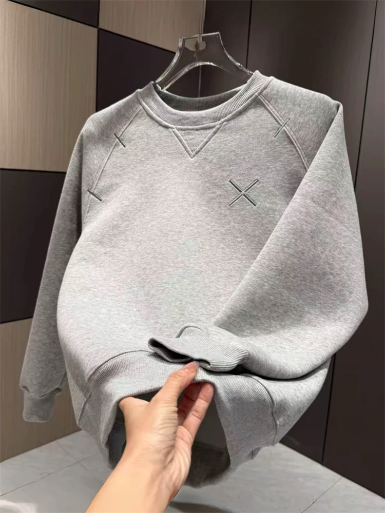 

High-End Fce-Lined Embroidered round Ne Sweatirt Men's Winter Casual Versatile Warm Base irt Trendy Breathable Anti-...