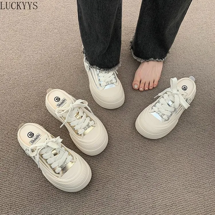 2024 Summer New Little White Shoes Half Slippers Leather Topped Headband Thick Sole Casual Lazy Slippers Silver Breathable