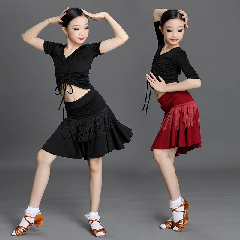 2024 Kids Girls Tassels Latin Dance Costumes Children Ballroom Dancing Dress ChaCha Rumba Samba Fringed Skirt Practice Costume