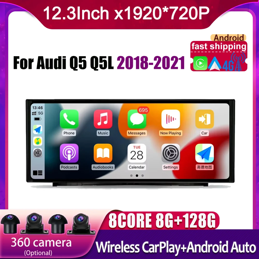 

For Audi Q5 Q5L 2018-2021 Car CarPlay Monitors Stereo Speacker Radio Multimedia Player 12.3 Inch Android 14 Touch Screen 4G