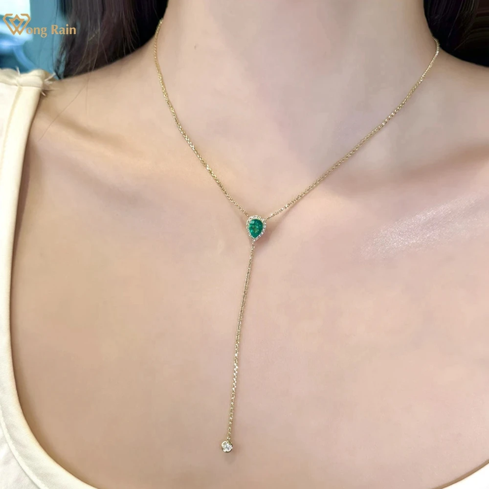 

Wong Rain Vintage 925 Sterling Silver Pear Cut 5*7 MM Emerald High Carbon Diamond Gems Pendant Necklace Fine Jewelry Wholesale