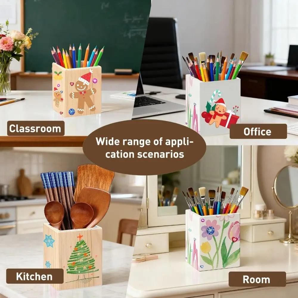 Portable Wooden Pen Holder DIY Painting Round/Hexagonal/Square Pen Container Makeup Brush Holder School Office