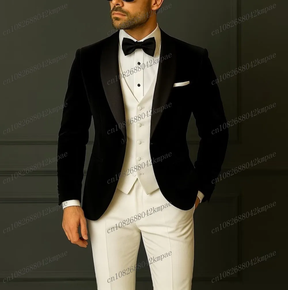 

New Black Velvet White Formal Men Suit Groom Groomsman Wedding Party Prom Business Male Tuxedos 3 Piece Set Blazer Vest Pants