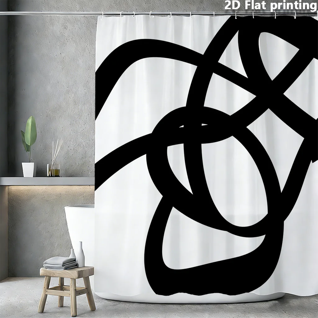 

Современная абстрактная черная занавеска для душа с изогнутыми линиями – яркий линейный рисунок на белом фоне, полиэстер, 12 люверсов, можно стирать в машине, 72×72 дюйма.