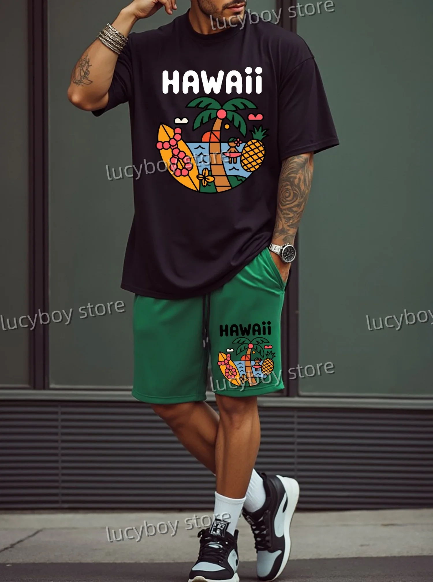 Conjunto de camiseta de manga corta de gran tamaño hawaiano para hombre, ropa de talla grande a la moda, conjunto de chándal para hombre, conjunto de ropa de verano de gran tamaño de 2 piezas