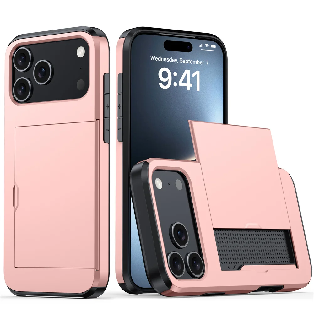 Robuste Handyhülle für iPhone 18 17 16 Plus 15 Pro 15 14 13 12 11 Pro Max mit Brieftaschen-Kartenhalter und Schiebeverschluss aus hartem PC-Schutzmaterial – Detail 8