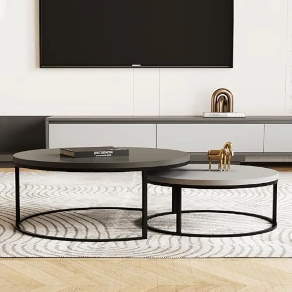 Conjunto de mesa de centro redonda, mesas de coquetel aninhadas com pernas de metal preto, cinza escuro/cinza claro, fácil montagem, 31,5/23,7 Inc