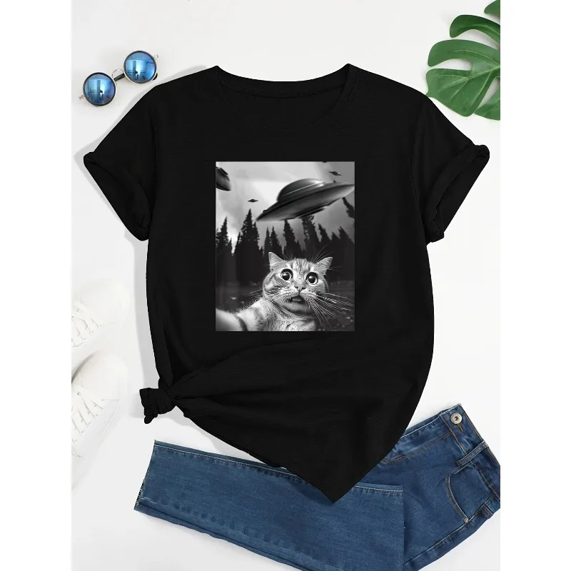 القط و UFO طباعة طاقم الرقبة تي شيرت عادية تي شيرتات قصيرة الاكمام لربيع وصيف الملابس النسائية Kawaii ملابس النساء الملابس #2