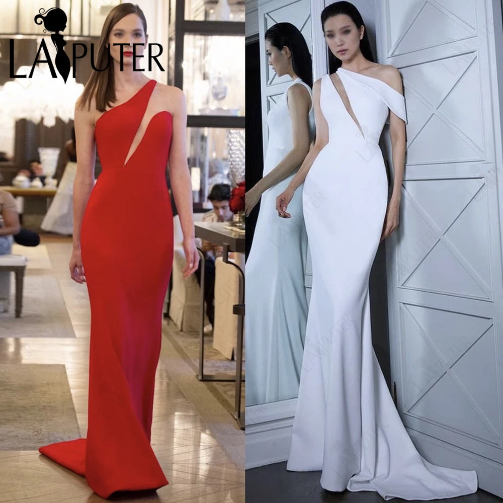 Red Crepe Evening Dresses One Shoulder Mermaid Lady Stretchy Party Dress Fitted Women Simple Design Celebrity Prom Gown