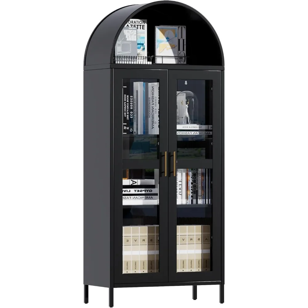 73 in Tall Metal Arched Cabinet, Kitchen Pantry Cabinet with Glass Door, Modern Farmhouse Arched Bookcase with 2 Adjustable Shel