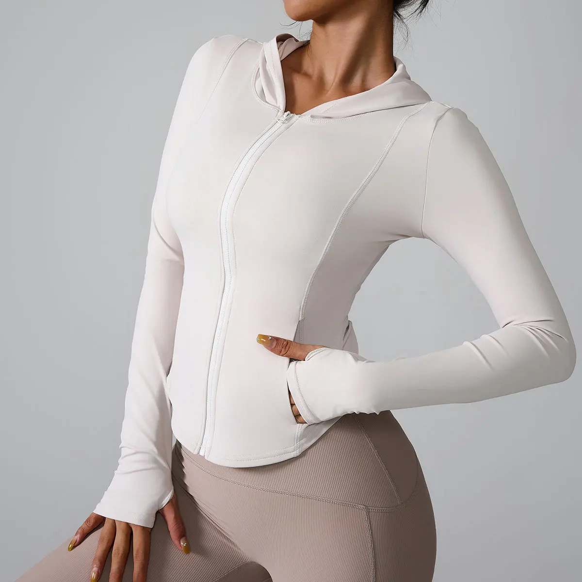 Women's Hooded Zip - Up Yoga Jacket, Long Sleeve Slim Fit Gym Coat, Stretch Quick Dry Running Fitness Sportswear