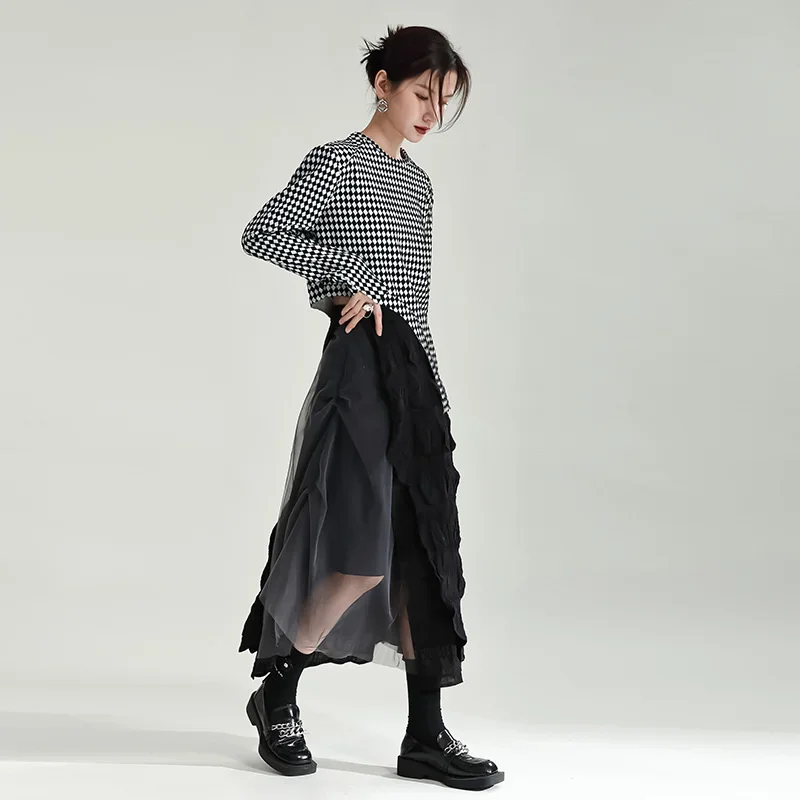 UMI MAO Yamamoto Design Black Gray Collision Heavy Splicing Mesh Pleated A Word Autumn Winter Female Sweet Spicy Style Skirt