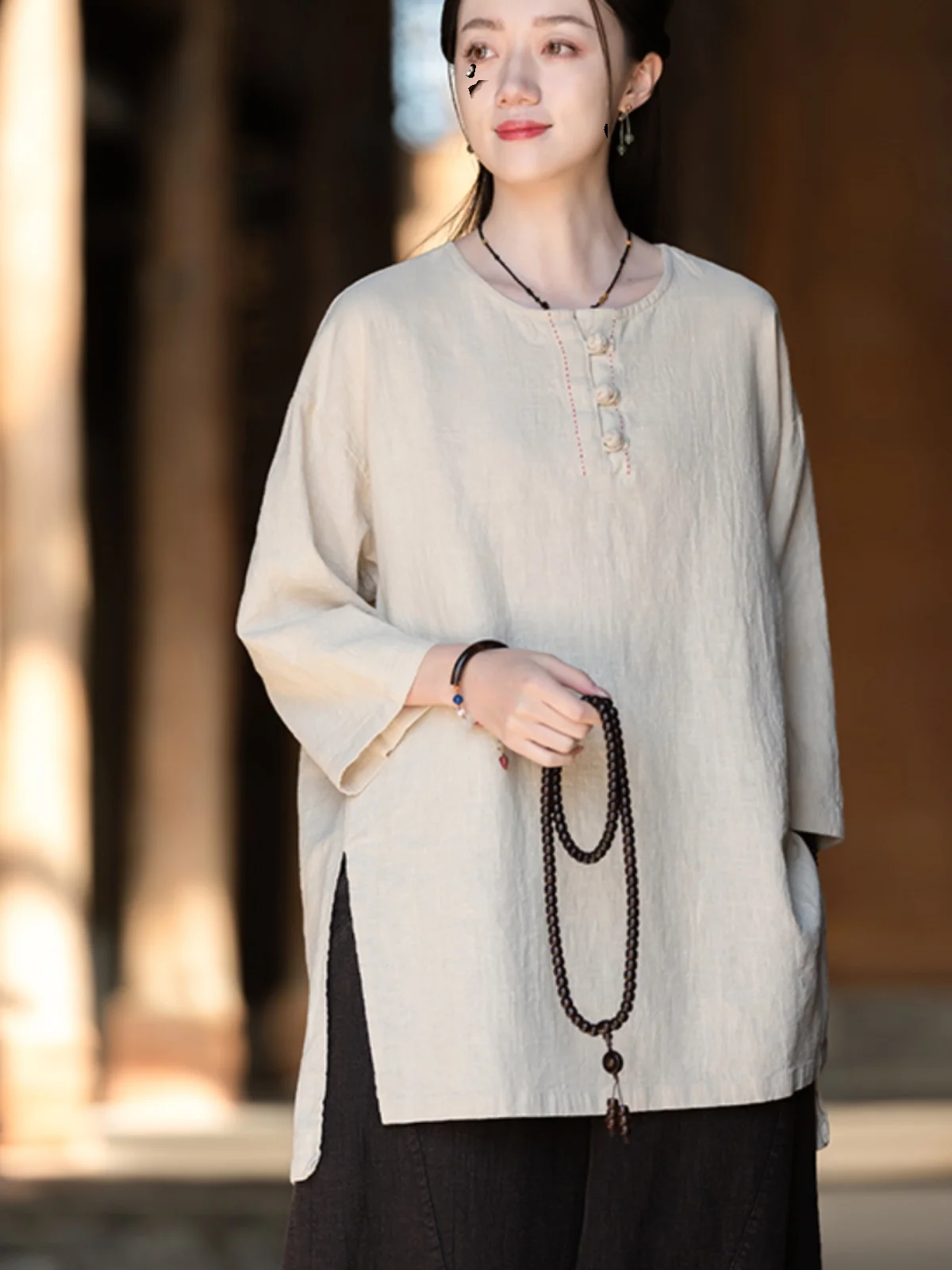 Camisa holgada de cuello redondo estilo chino para mujer, talla grande, estilo Zen, camisa larga, ropa para ceremonia del té,...