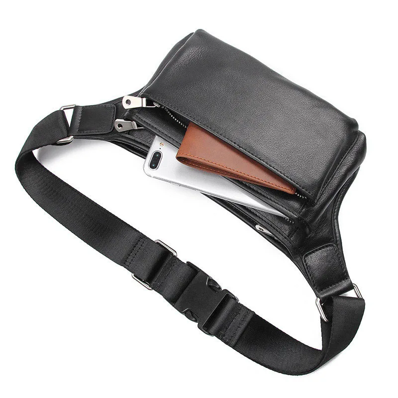 3 Zipper Leather Waist Bag For Men Male Fanny Pack For Running Bag Leather Waist Pack Outdoor Sling Bag Black Coffee Men Bags