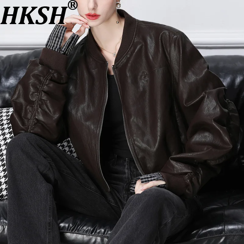 

HKSH Весенне-Осенняя новая женская короткая куртка из искусственной кожи с воротником-стойкой на молнии и манжетами в клетку, уличная мода, элегантное шикарное пальто HK13450