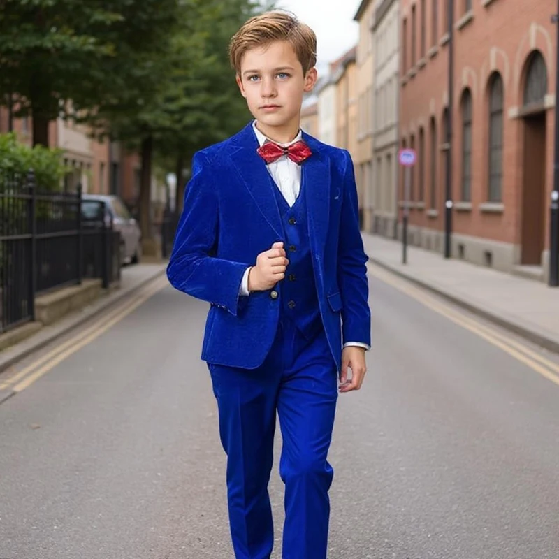 Vintage Luxury Royal Blue Velvet Boys 3-Piece Formal Suit Notch Lapel and Long Sleeves Suit Set Regular Length Boys Suit Set