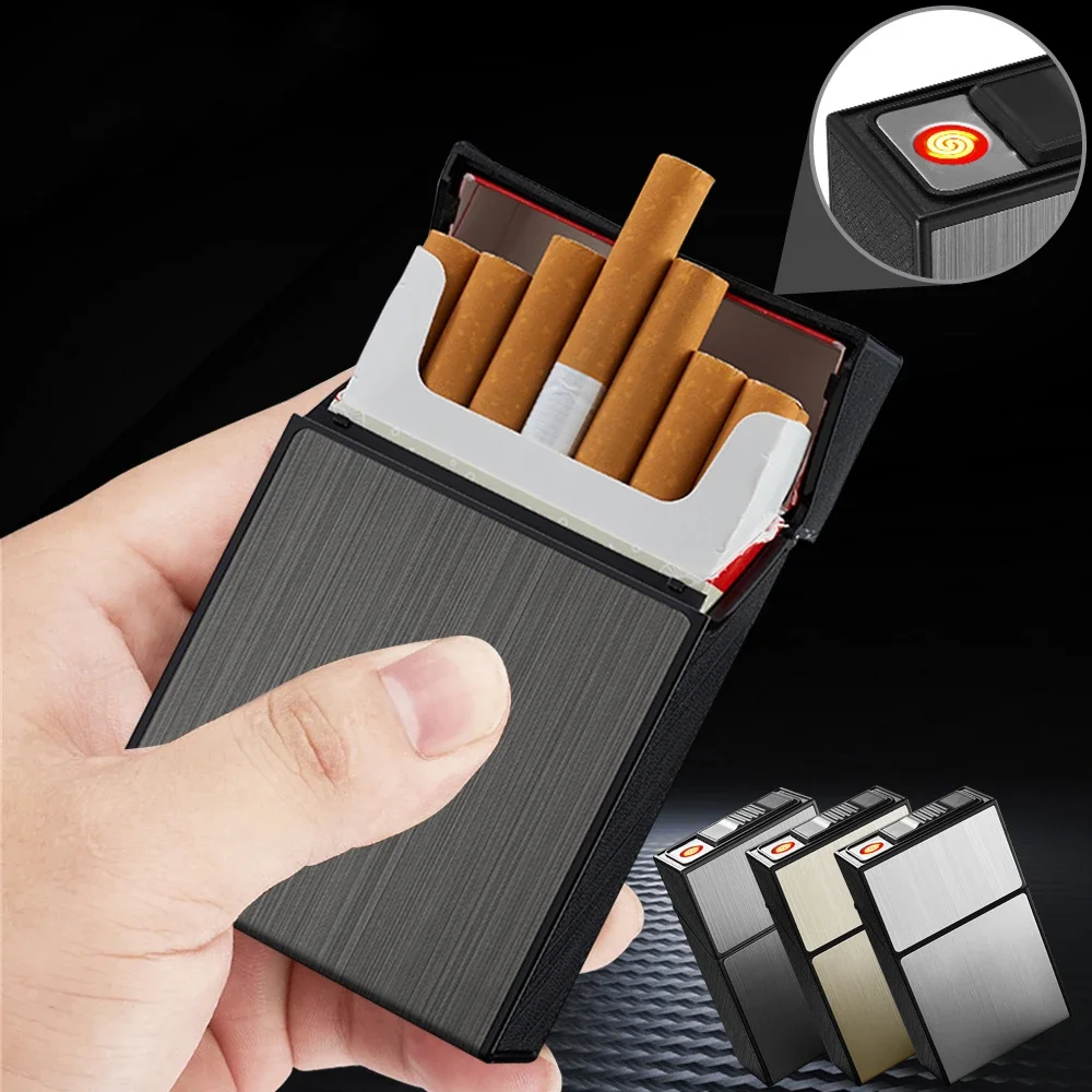 2-in-1 Cigarette Case USB Charging Lighter Metal Cigarette Box Flameless Windproof Cigar Tobacco Holder Box Smoking Accessories