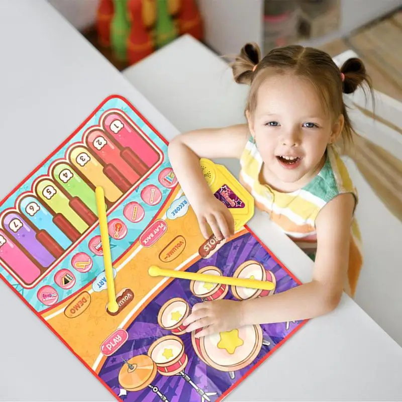 Piano Drum Mat Musical Instruments Toy with 2 Sticks 2 In 1 Musical Mat 8 Instrument Sounds Sensory Learning Toys for Kids